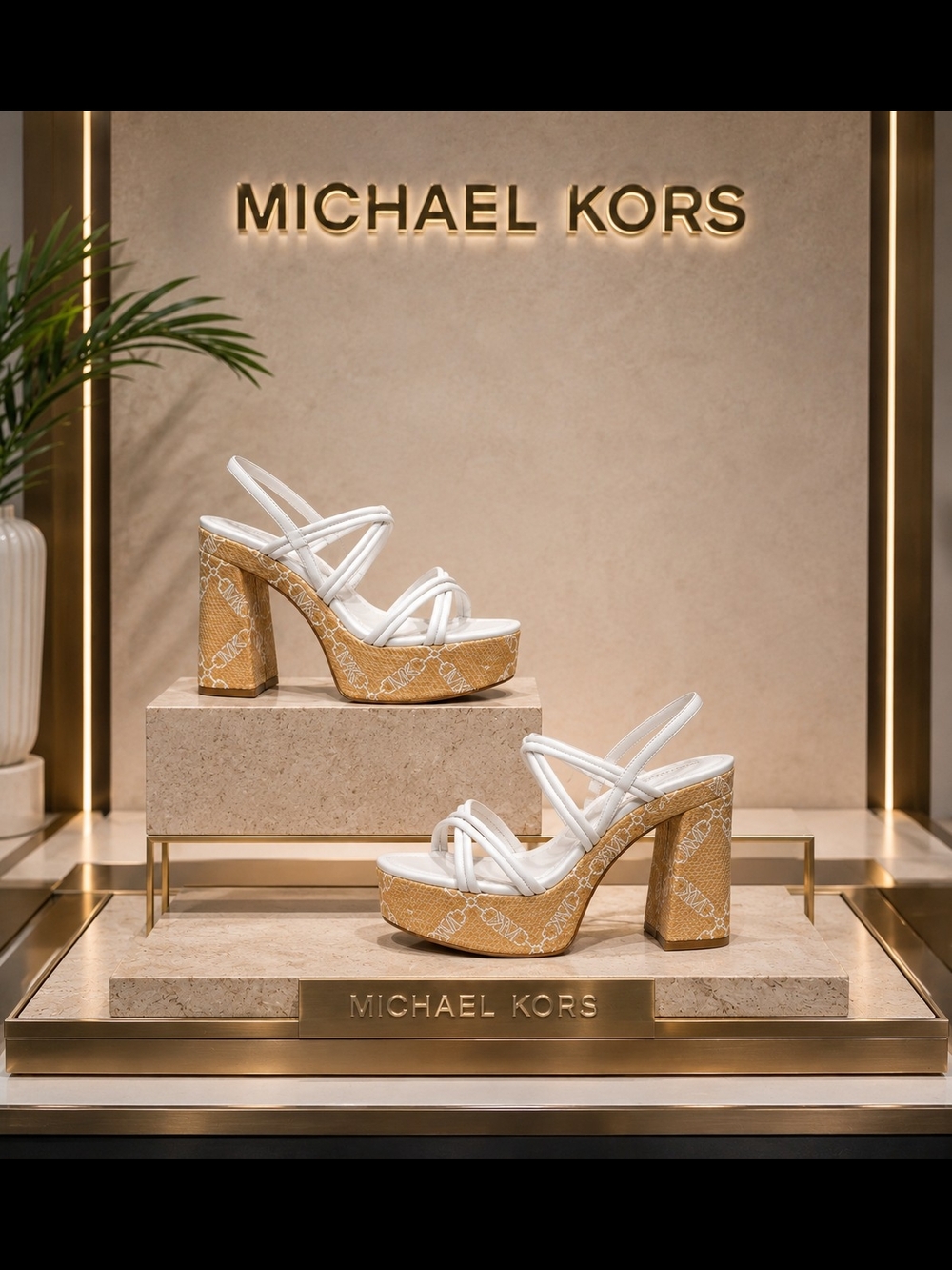 Michael Kors 'Corrine' White & Tan Signature Platform Sandal Heels
